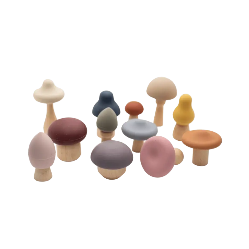 Wooden Mushroom Toy + Silicone + Teething + Montessori - LYTL