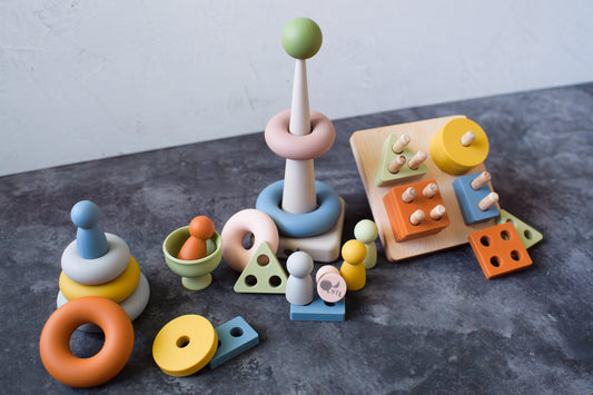 LYTL Sensory Starter Kit with silicone ring stacker, shape puzzle, and mini peg dolls