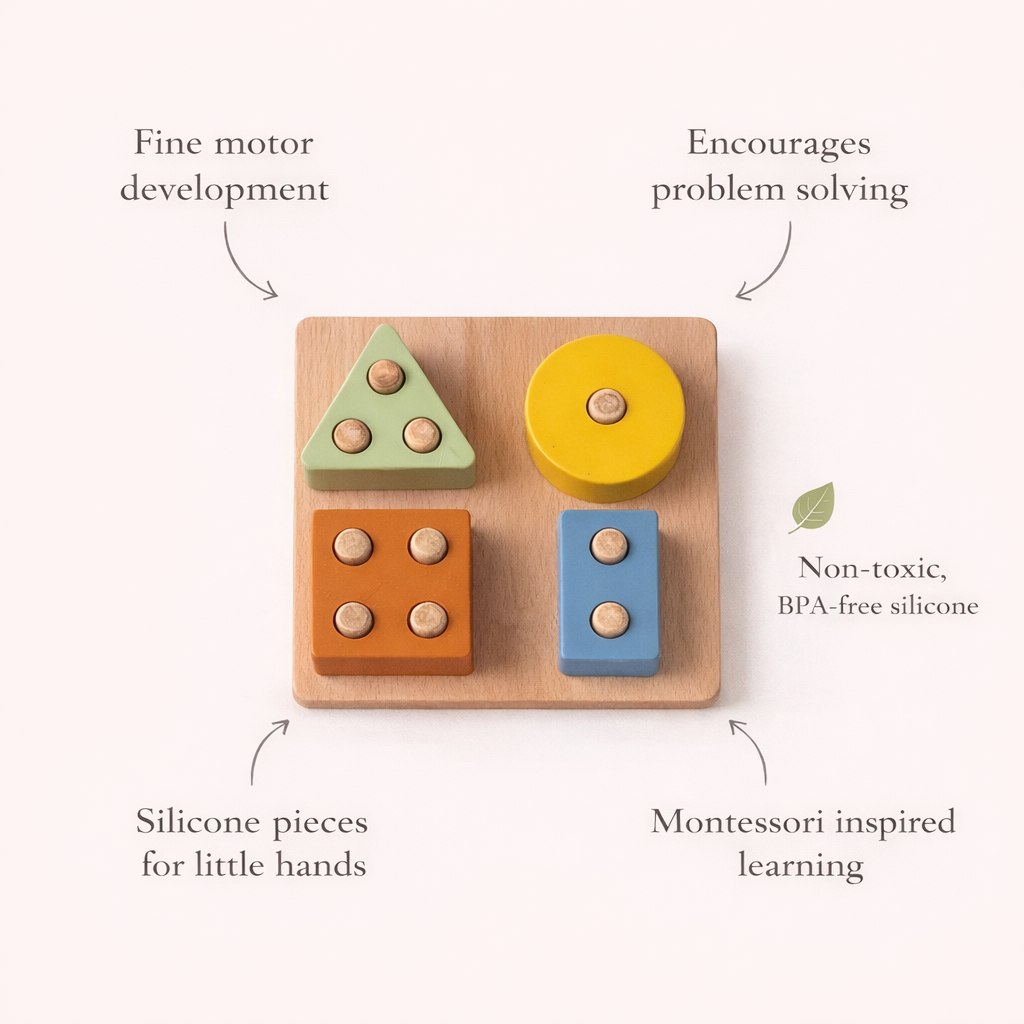 Colorful wooden toy blocks on a white background with text highlighting benefits. Montessori-inspired shape sorting puzzle for 1 year old and 2 year old toddlers