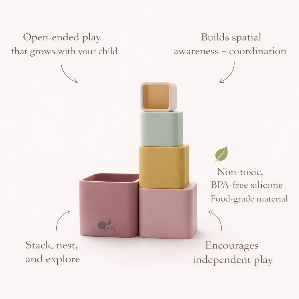 Stack of colorful silicone blocks with text highlighting benefits. Silicone Montessori baby stacking cups and toddler nesting toy for fine motor skill development and independent play