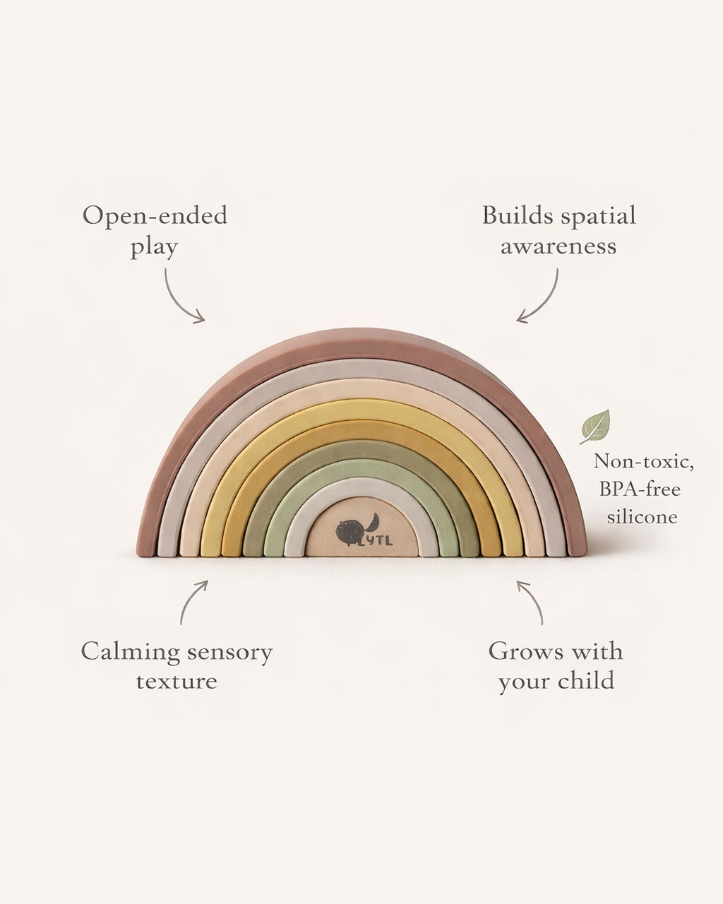 Rainbow-shaped toy with text highlighting its benefits on a white background. Montessori silicone rainbow toy for baby sensory play and fine motor skills