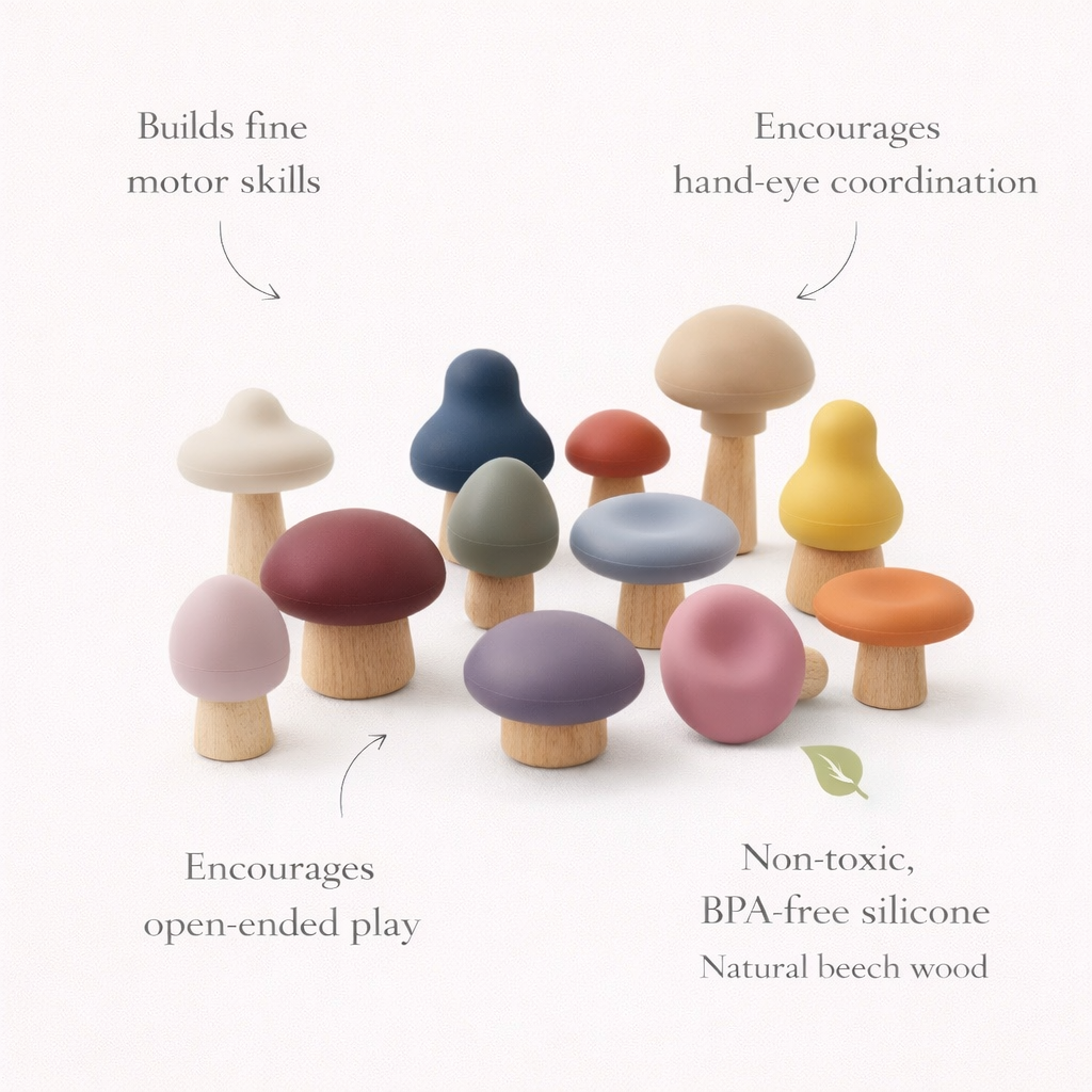 Colorful mushroom-shaped toys with text highlighting benefits on a white background. Mushroom Mix and Match Montessori toy for 3 year old – color sorting and fine motor development