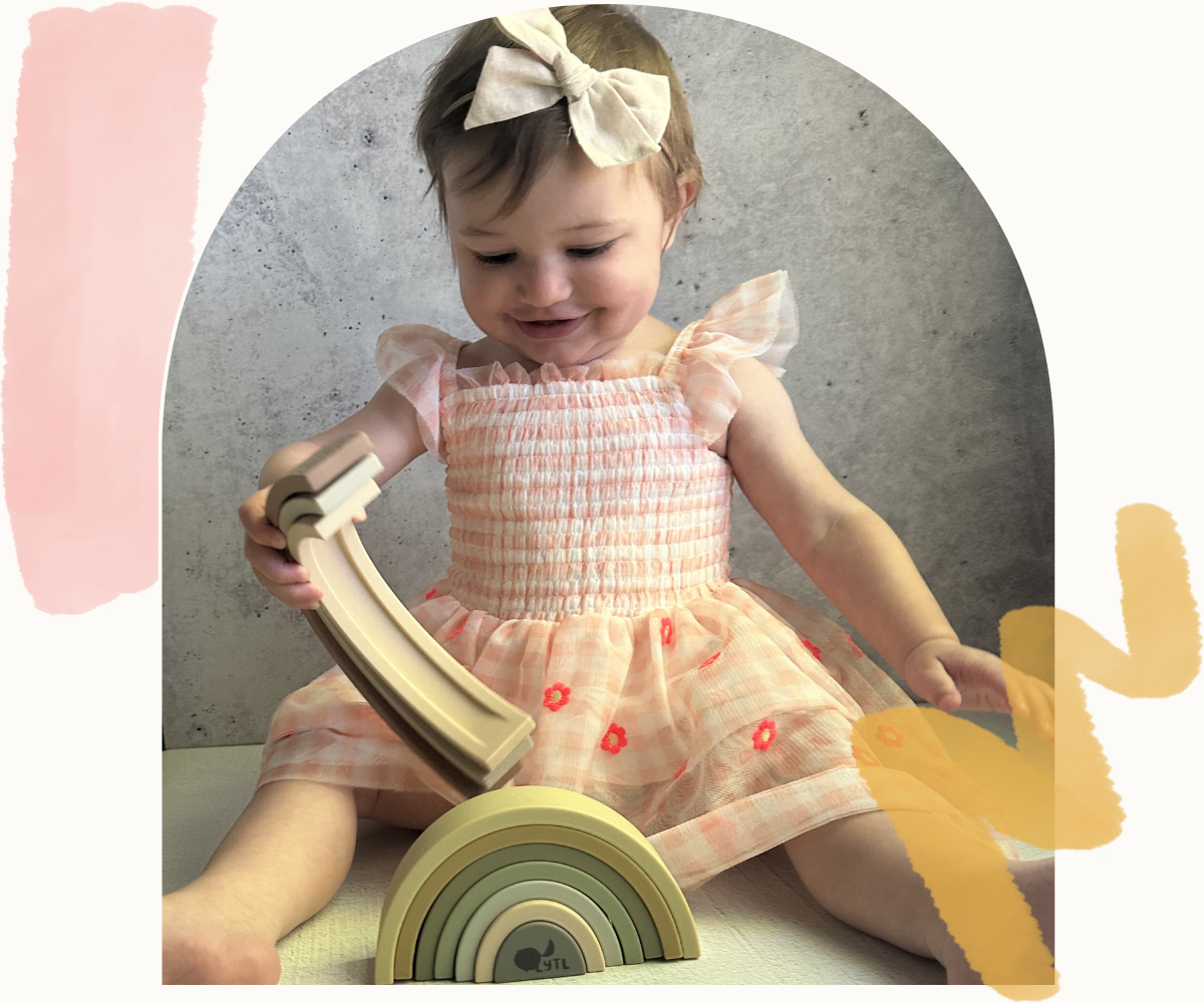 baby using silicone Montessori toy for sensory play and safe teething