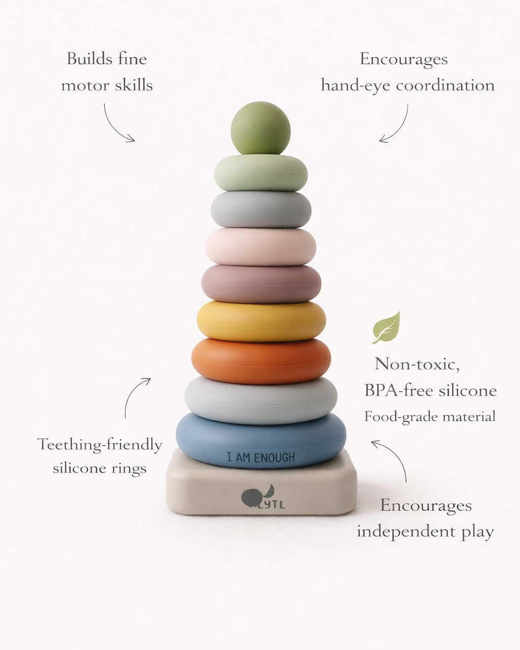 Stack of colorful silicone rings with text highlighting benefits on a white background. Educational Montessori toddler toy – silicone ring stacking set for early childhood development
