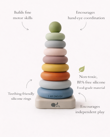 Stack of colorful silicone rings with text highlighting benefits on a white background. Educational Montessori toddler toy – silicone ring stacking set for early childhood development
