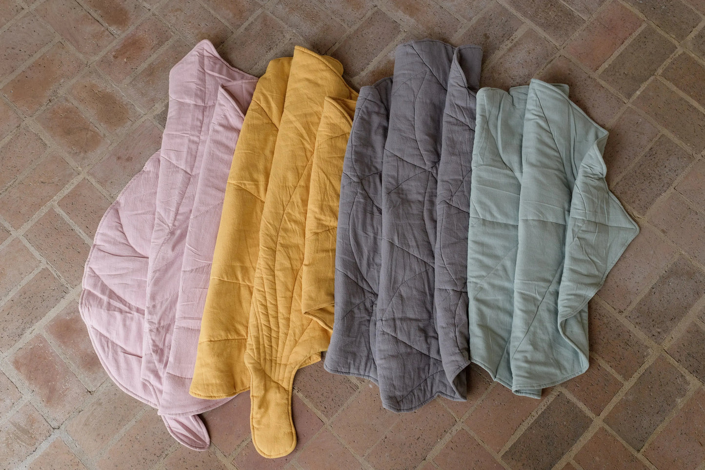 Gray/Blush/Mustard/Sage cotton play mat styled with LYTL toys