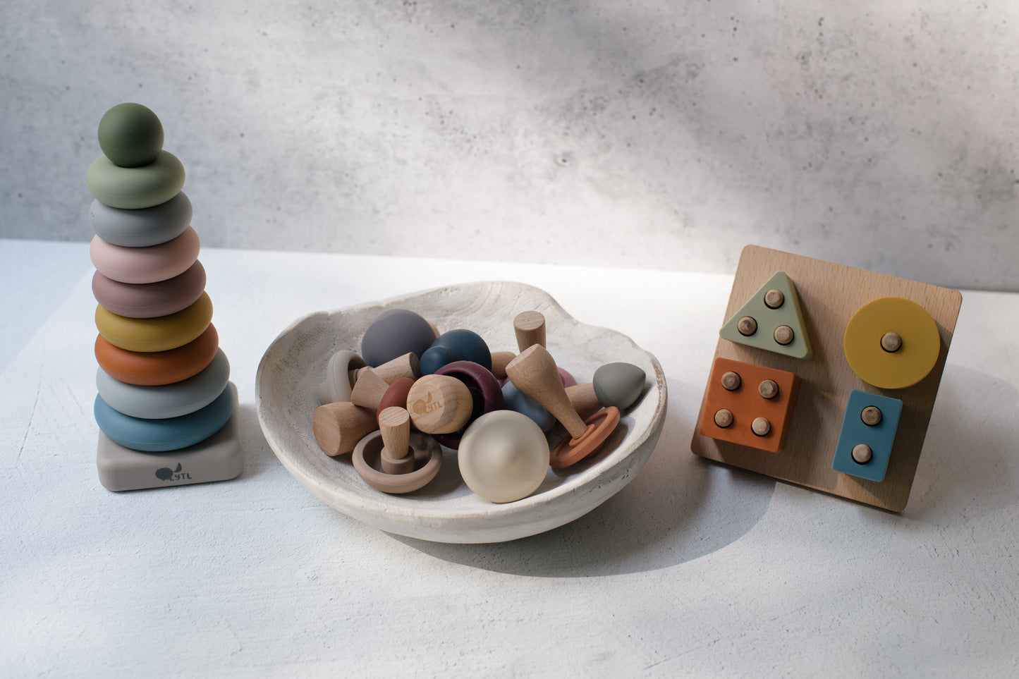 LYTL Fine Motor Play Bundle with Mushroom Mix & Match Toy, Shape Puzzle, and Ring Stacker