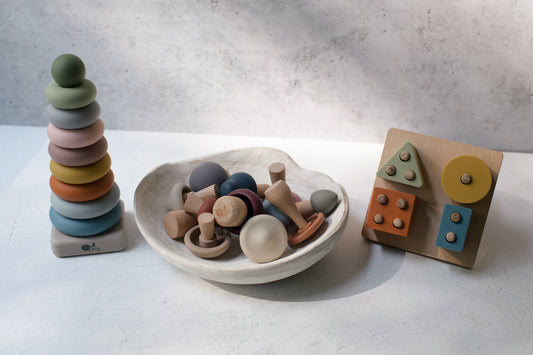 LYTL Fine Motor Play Bundle with Mushroom Mix & Match Toy, Shape Puzzle, and Ring Stacker
