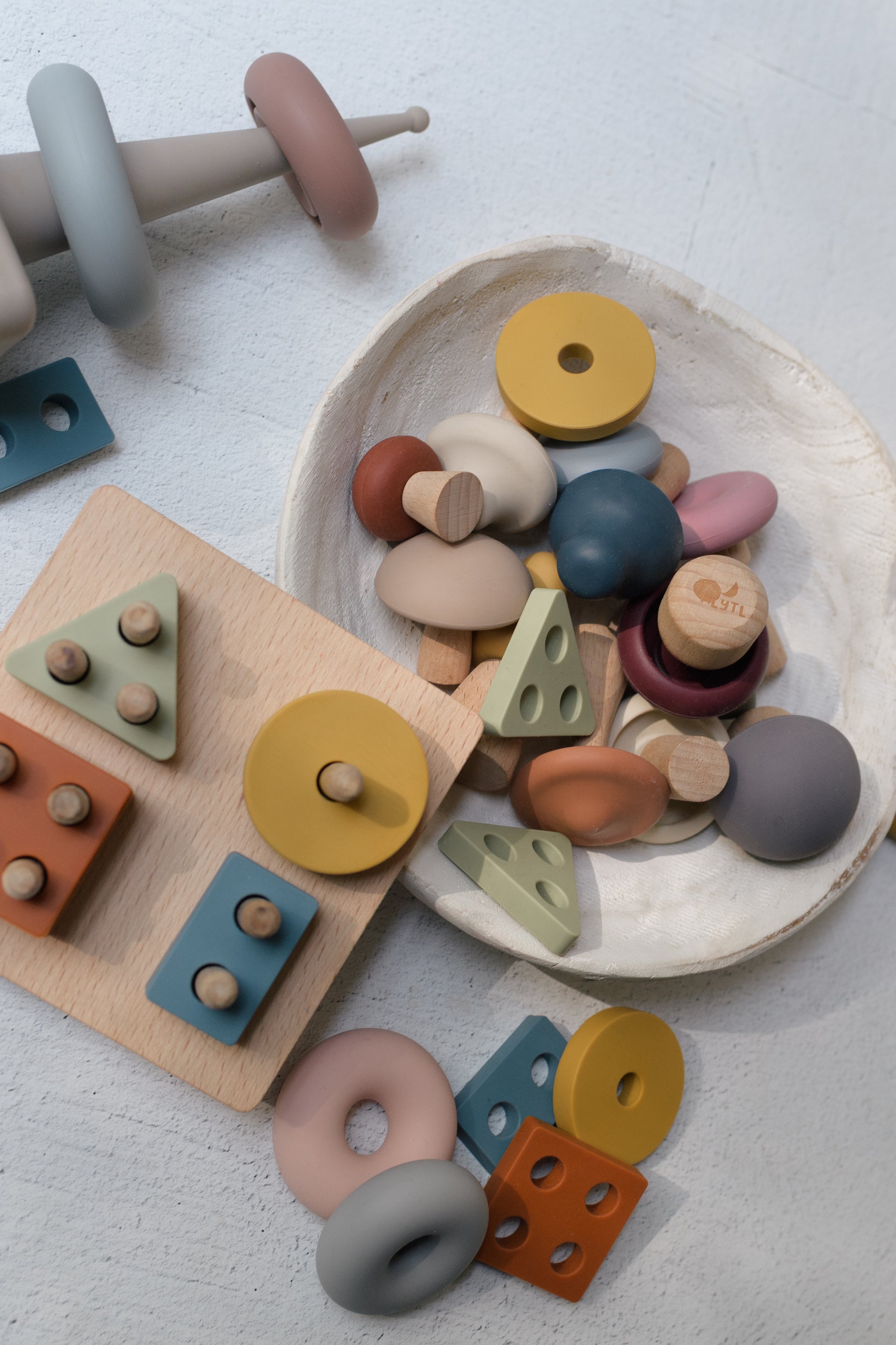 Montessori-inspired fine motor toy bundle with silicone and natural beech wood pieces