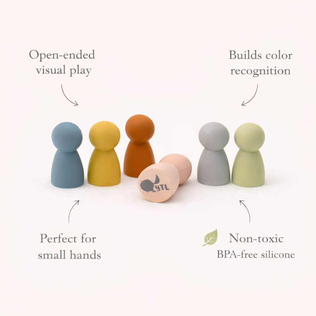 Colorful silicone peg dolls with text highlighting benefits on a white background