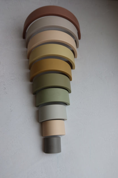 Montessori 10 layer silicone rainbow stacker in earthy neutral colors for babies and toddlers – open-ended toy for fine motor skills and creative play