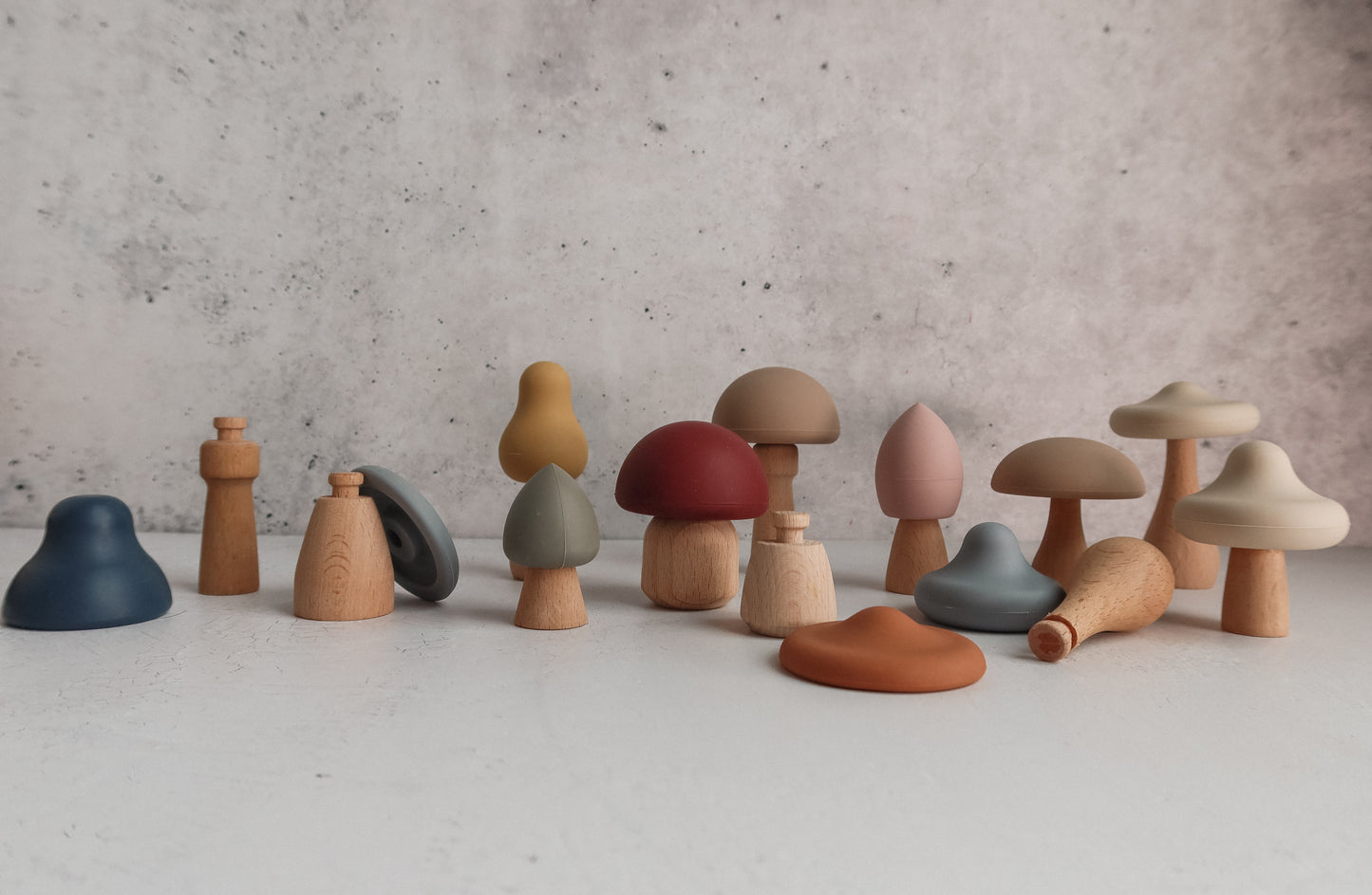 Montessori Mushroom Mix and Match toy for toddlers and preschoolers – wooden and silicone open-ended learning toy for fine motor skills and color sorting