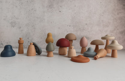 Montessori Mushroom Mix and Match toy for toddlers and preschoolers – wooden and silicone open-ended learning toy for fine motor skills and color sorting