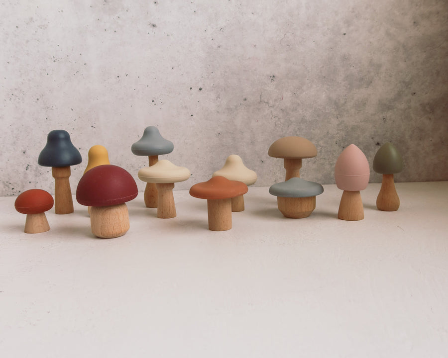 Montessori Mushroom Mix & Match Toy for ages 3+ with silicone tops and wood stems