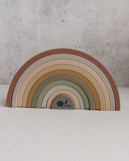 Montessori-inspired 10 layer silicone rainbow stacker for toddlers and preschool learning