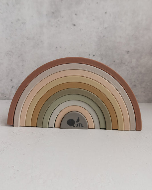 Montessori-inspired 10 layer silicone rainbow stacker for toddlers and preschool learning