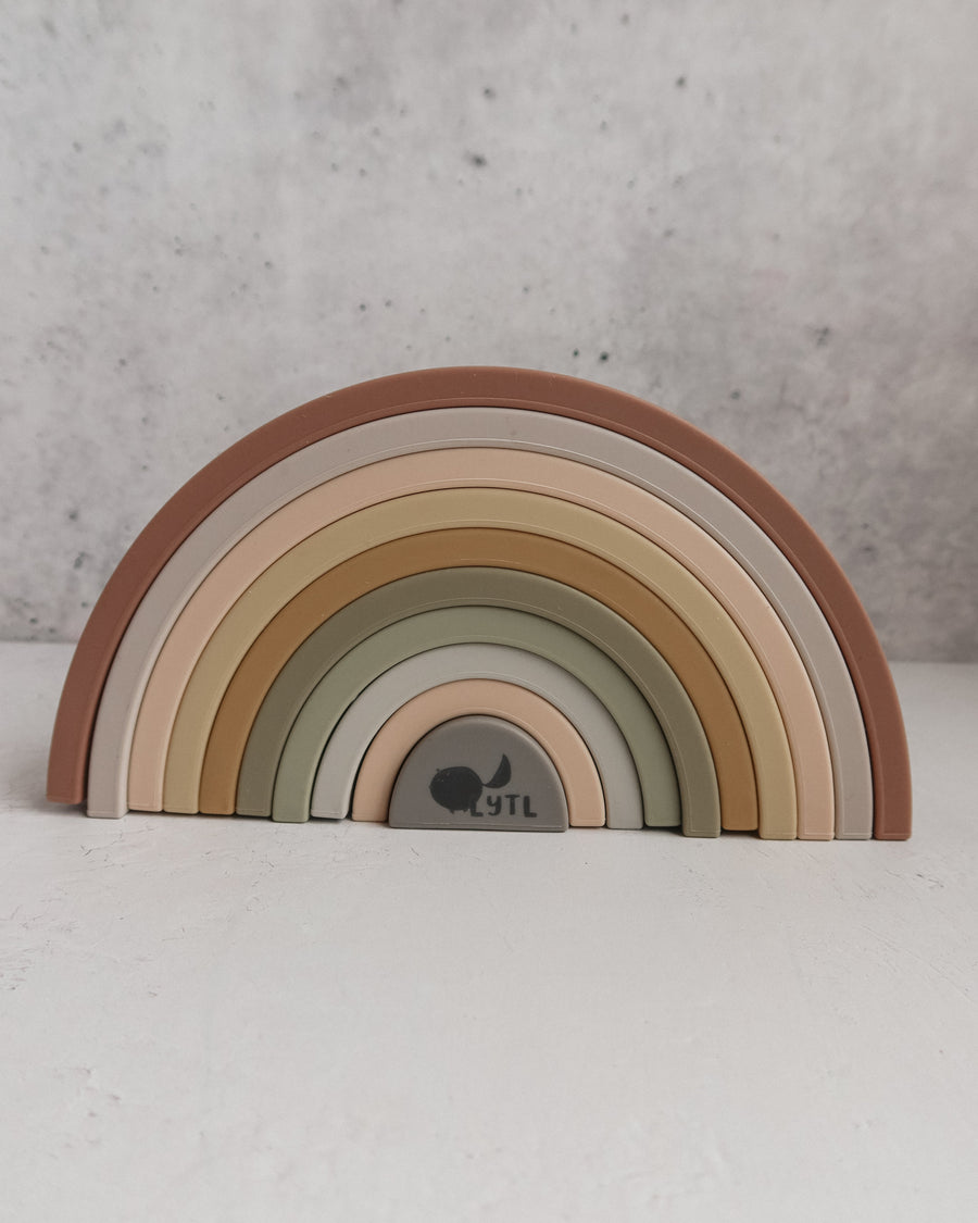 Earth-tone silicone rainbow stacking toy with 10 arches