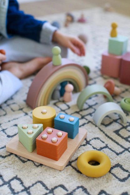 Montessori playroom bundle with six silicone and wood toys for toddler development