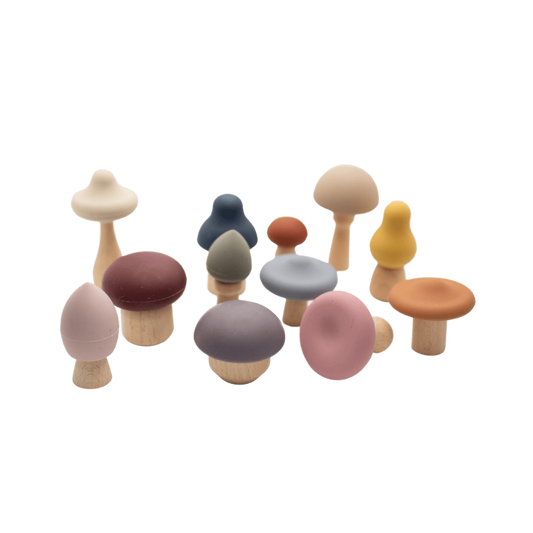 Wooden Mushroom Toy + Silicone + Teething + Montessori - LYTL